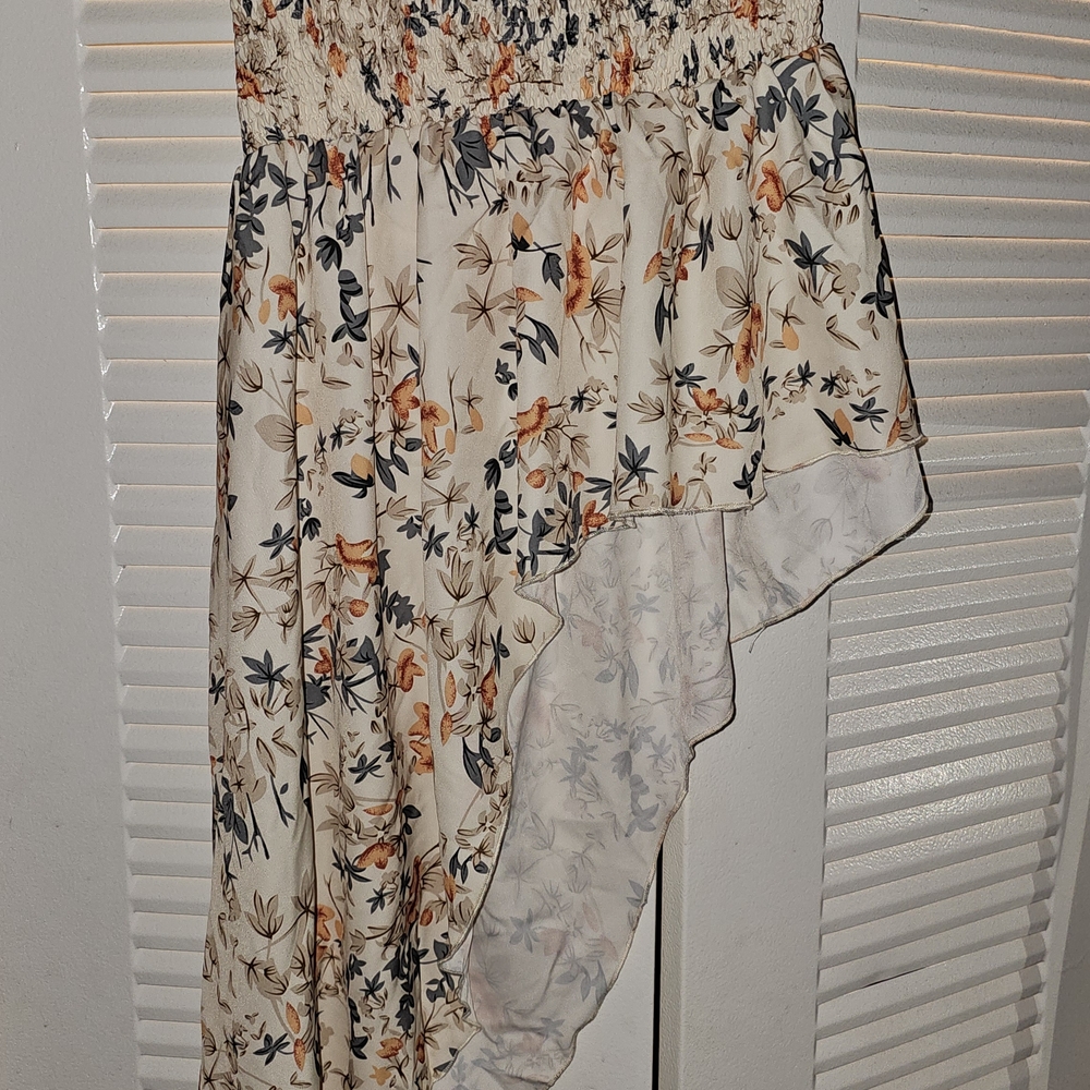 Floral Ruffle Tube Top - Cream with Orange & Gray Flowers - Picture 2 of 2